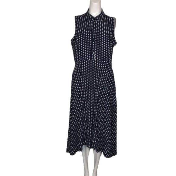 LESLIE FAY Dress, 10, Navy/White Polka Dots, Sleeveless/Collar, Side Zip - Picture 6 of 13